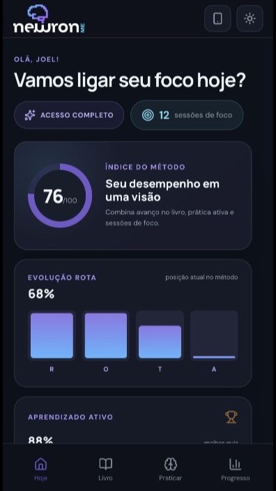 Dashboard do aplicativo Newron.ME no tema escuro