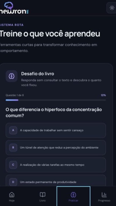 Quiz interativo do aplicativo Newron.ME no tema escuro