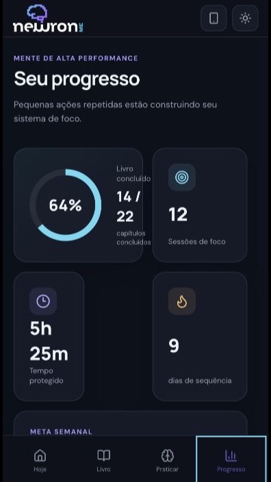 Tela de progresso do aplicativo Newron.ME no tema escuro